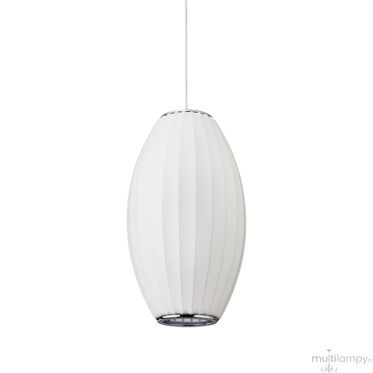 Biała lampa wisząca Silk Barrel D20 o kształcie owalnym z plisowanym materiałem, zawieszona na białym przewodzie. Posiada oprawkę na żarówkę E27, z metalowym wykończeniem u dołu. Idealna do nowoczesnych wnętrz.