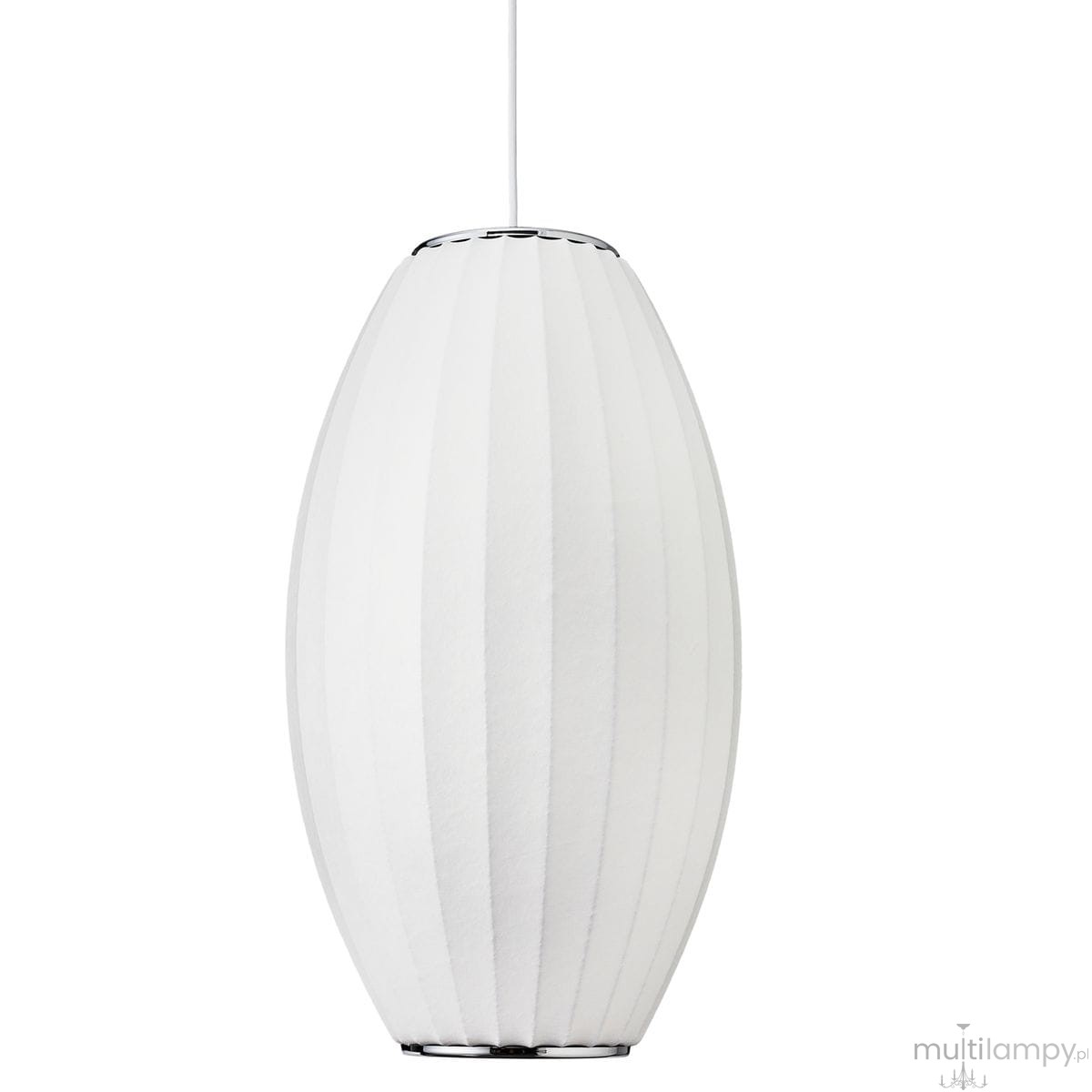 Lampa wisząca Silk Barrel D30 w kolorze białym, o kształcie elipsy. Wykonana z tekstylnego materiału z delikatnym żłobkowaniem, zawieszona na białym przewodzie. Posiada metalową podstawę w chromowanym wykończeniu. Przeznaczona na jedną żarówkę E27.