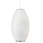Lampa wisząca Silk Barrel D30 w kolorze białym, o kształcie elipsy. Wykonana z tekstylnego materiału z delikatnym żłobkowaniem, zawieszona na białym przewodzie. Posiada metalową podstawę w chromowanym wykończeniu. Przeznaczona na jedną żarówkę E27.