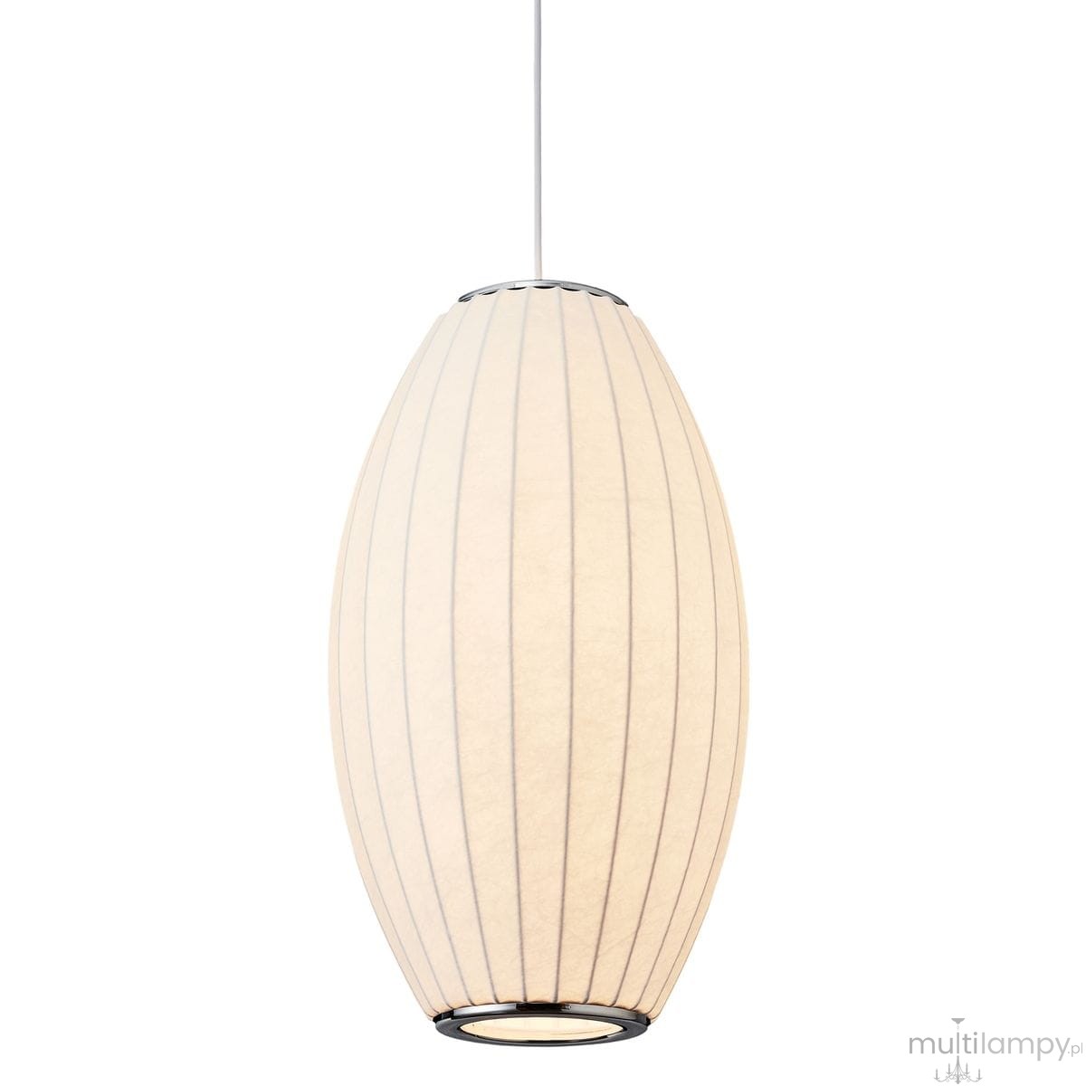 Biała lampa wisząca Silk Barrel D30 z kloszem o kształcie podłużnym, wykonana z materiału z delikatnymi liniami. Zawieszona na cienkim, białym przewodzie, z miejscem na żarówkę E27. Prosta i elegancka forma, idealna do nowoczesnych wnętrz.