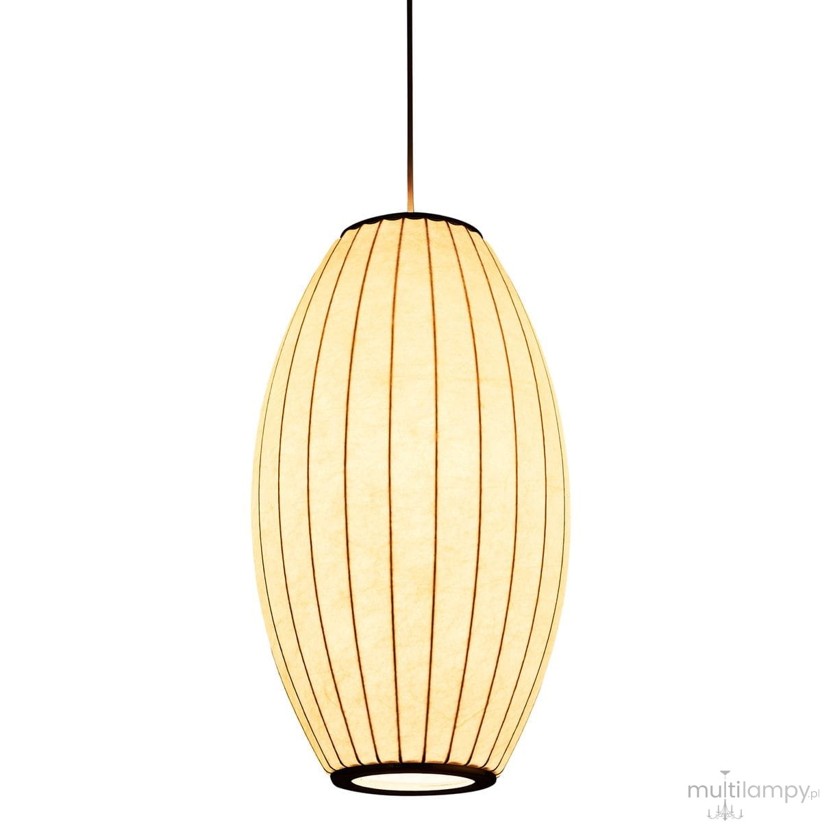 Lampa wisząca Silk Barrel D30 w kolorze białym, o kształcie owalnym, wykonana z materiału tekstylnego z pionowymi liniami. Zawieszona na cienkim przewodzie, z miejscem na żarówkę E27, idealna do nowoczesnych wnętrz.
