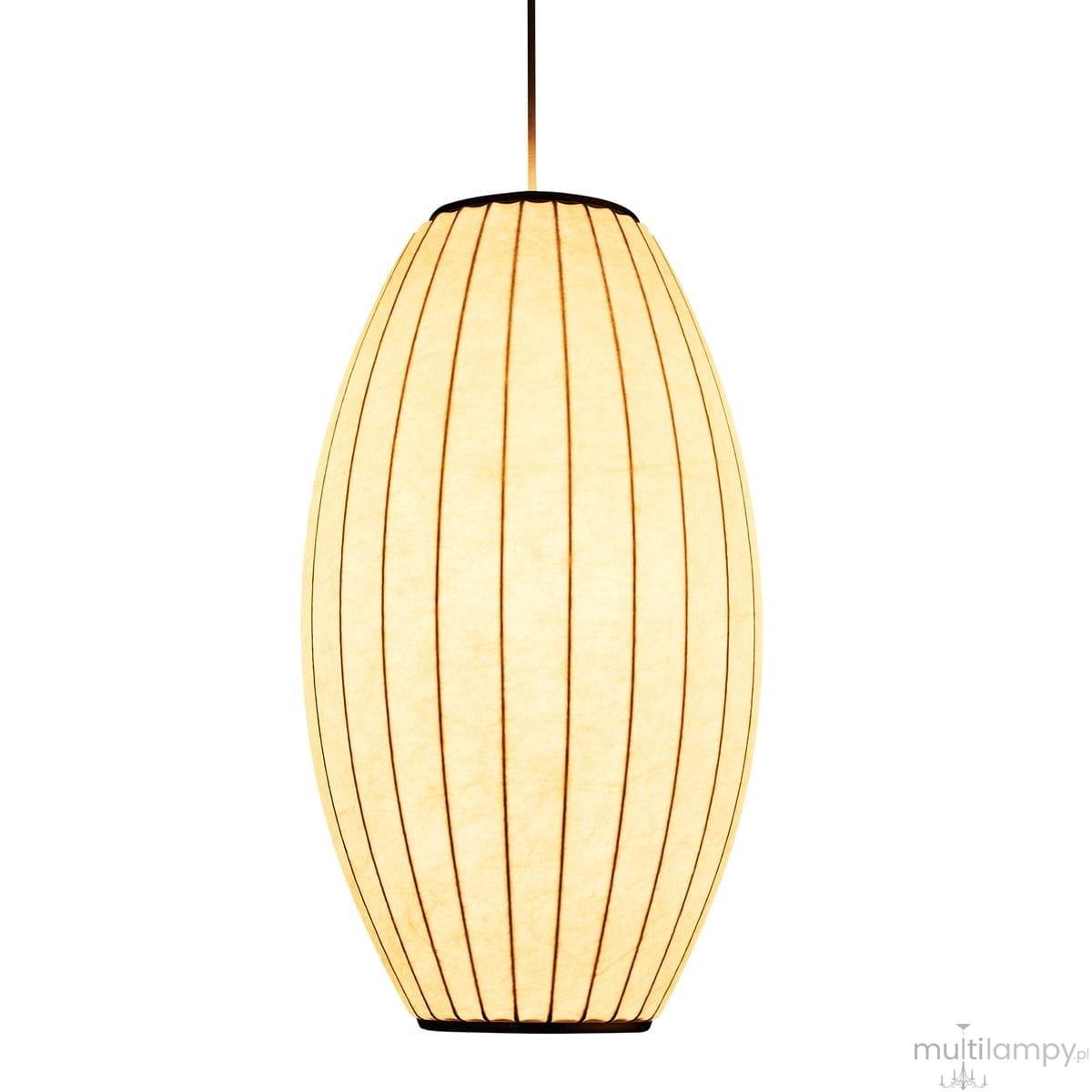 Lampa wisząca Silk Barrel D30 w kolorze białym, o kształcie owalnym, z cienkimi, ciemnymi liniami dekoracyjnymi. Ujęcie frontalne, zawieszona na cienkim przewodzie. Przeznaczona na żarówkę E27. Wykonana z materiału przypominającego papier.