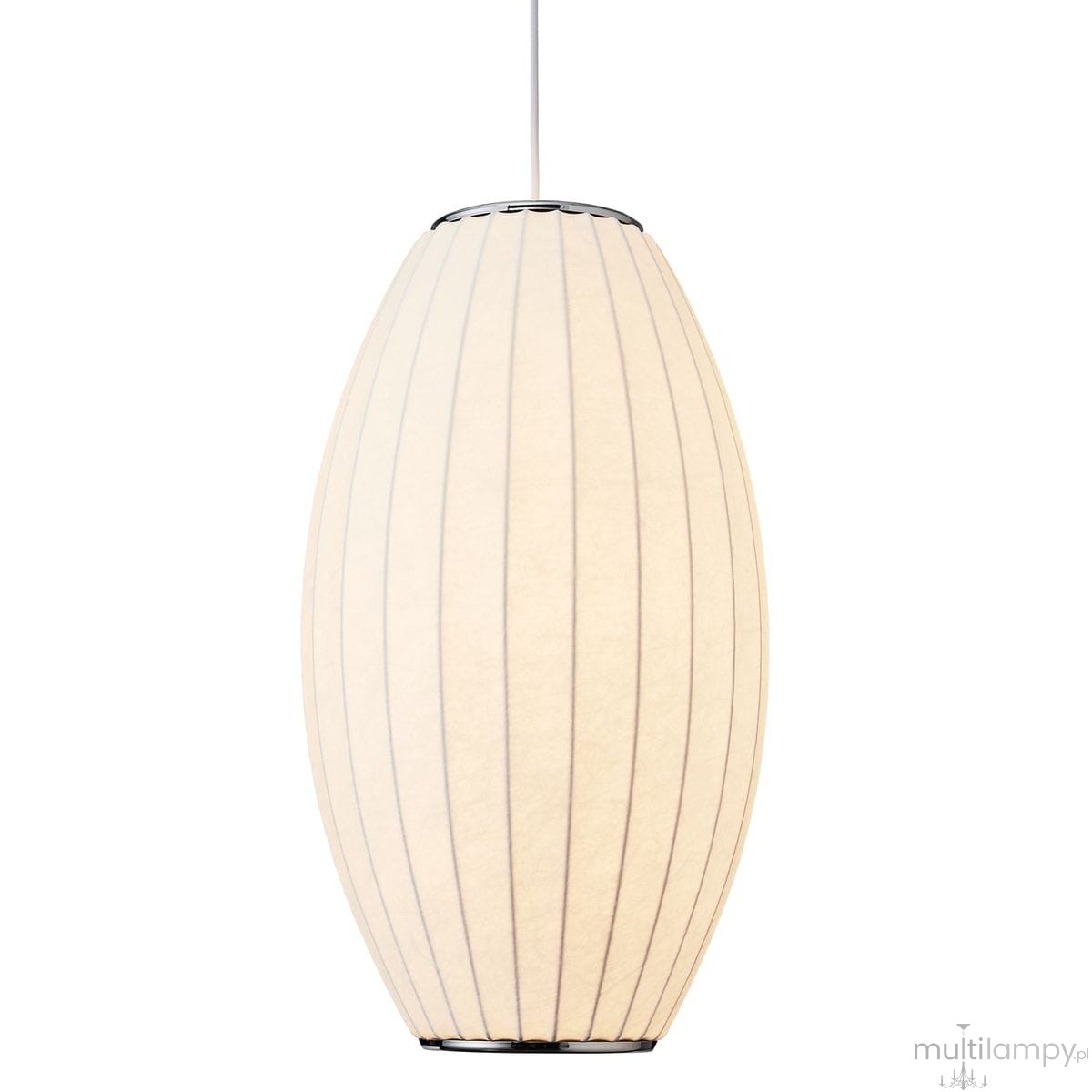 Lampa wisząca Silk Barrel D30 w kolorze białym, wykonana z materiału tekstylnego, o owalnym kształcie z poziomymi rowkami. Zawieszona na cienkim przewodzie, przeznaczona do żarówki E27. Prosta forma, idealna do różnych aranżacji wnętrz.
