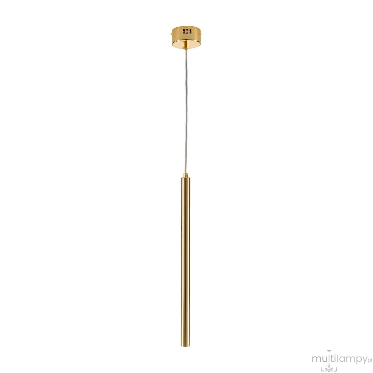 Złota lampa wisząca Slim z jedną diodą LED o mocy 4W. Prosta, cylindryczna forma z metalowym wykończeniem, zawieszona na cienkim przewodzie. Montaż sufitowy, idealna do nowoczesnych wnętrz. Tło jednolite, białe.