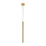 Złota lampa wisząca Slim z jedną diodą LED o mocy 4W. Prosta, cylindryczna forma z metalowym wykończeniem, zawieszona na cienkim przewodzie. Montaż sufitowy, idealna do nowoczesnych wnętrz. Tło jednolite, białe.