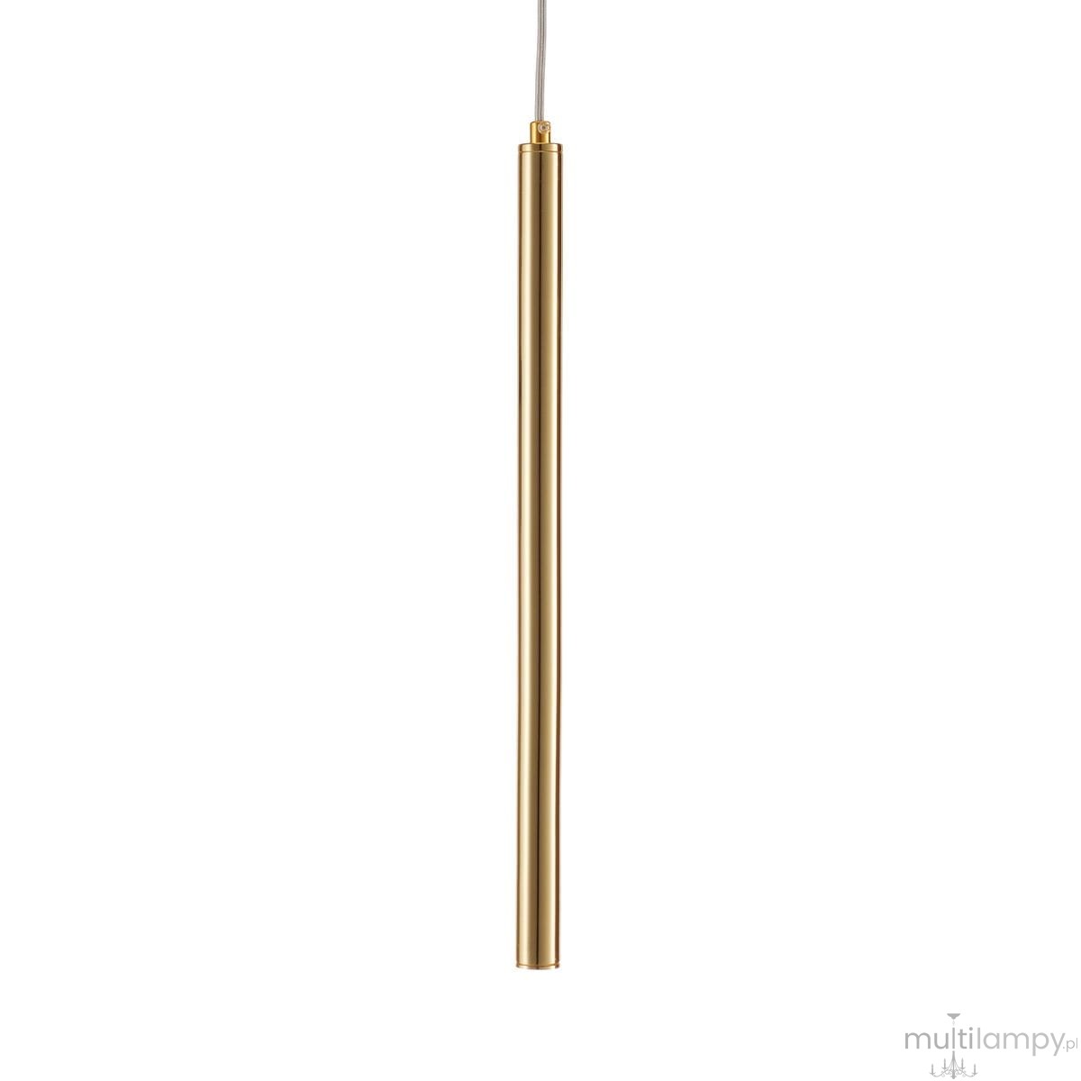 Slim lampa wisząca w złotym kolorze, o prostym, cylindrycznym kształcie. Ujęcie frontalne, lampa zawieszona na cienkim kablu. Jedno źródło światła LED o mocy 4W, minimalistyczny design, idealna do nowoczesnych wnętrz.