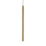 Slim lampa wisząca w złotym kolorze, o prostym, cylindrycznym kształcie. Ujęcie frontalne, lampa zawieszona na cienkim kablu. Jedno źródło światła LED o mocy 4W, minimalistyczny design, idealna do nowoczesnych wnętrz.
