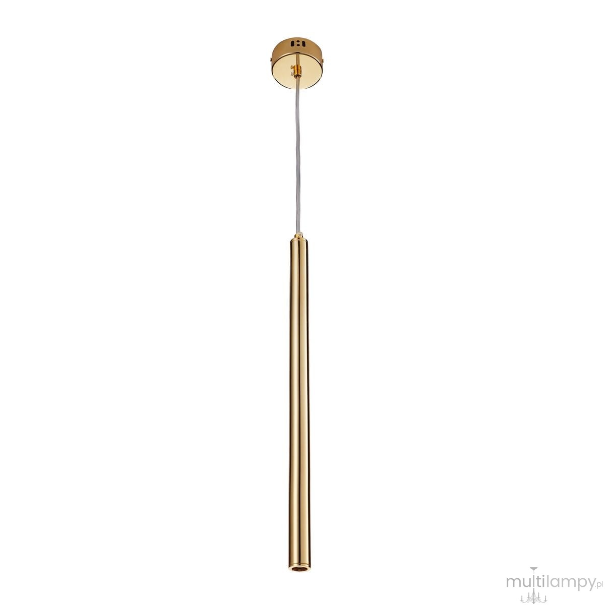 Slim lampa wisząca 1xLED/4W w kolorze złotym, o smukłym kształcie, zawieszona na przezroczystym przewodzie. Lampa ma minimalistyczny design, idealna do nowoczesnych wnętrz. Ujęcie z dołu, pokazujące całą długość lampy.
