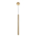 Slim lampa wisząca 1xLED/4W w kolorze złotym, o smukłym kształcie, zawieszona na przezroczystym przewodzie. Lampa ma minimalistyczny design, idealna do nowoczesnych wnętrz. Ujęcie z dołu, pokazujące całą długość lampy.