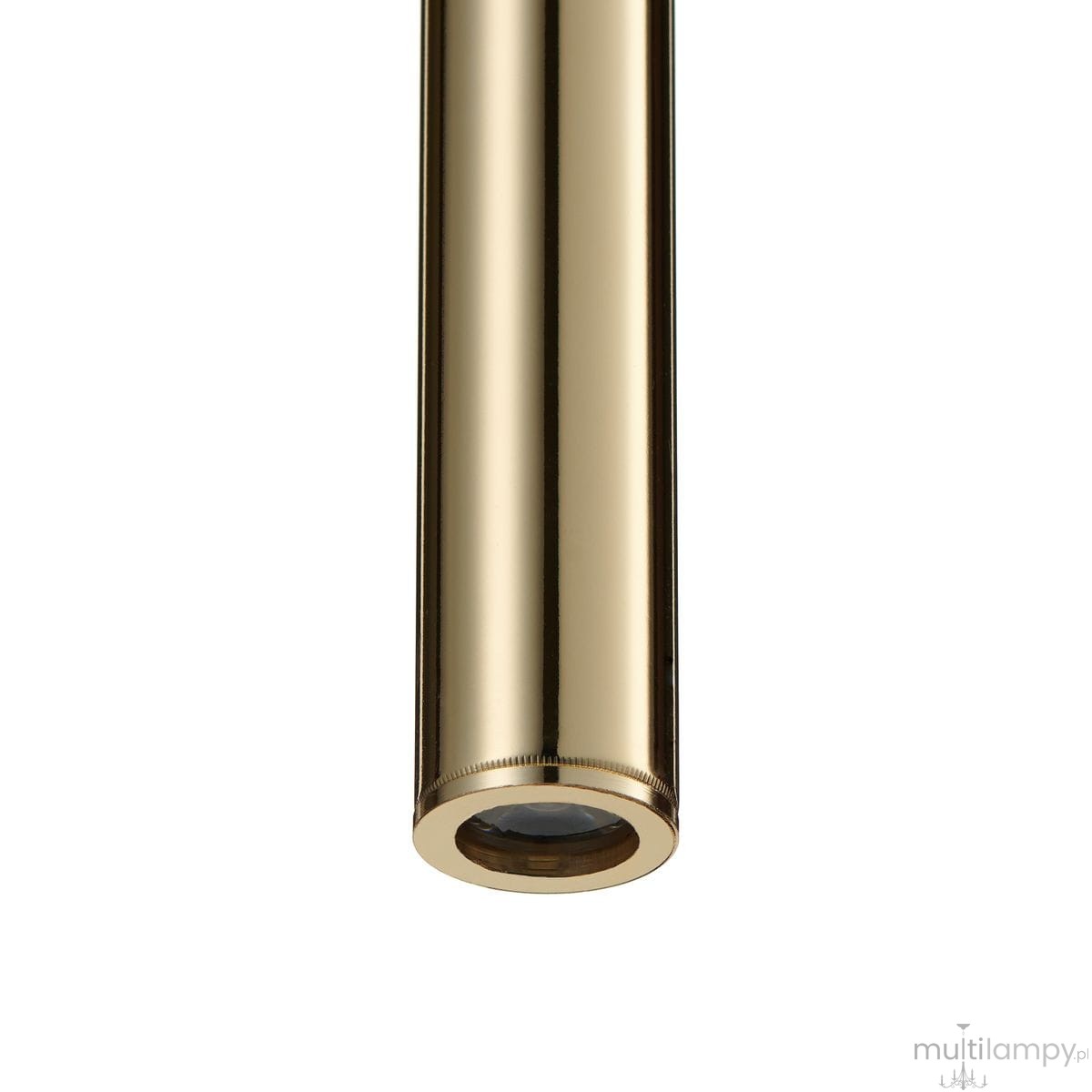 Złota lampa wisząca Slim z pojedynczym źródłem światła LED o mocy 4W. Ujęcie z bliska, pokazujące cylindryczny kształt oraz gładką, błyszczącą powierzchnię. Widoczne otwarte zakończenie lampy z elementem optycznym.
