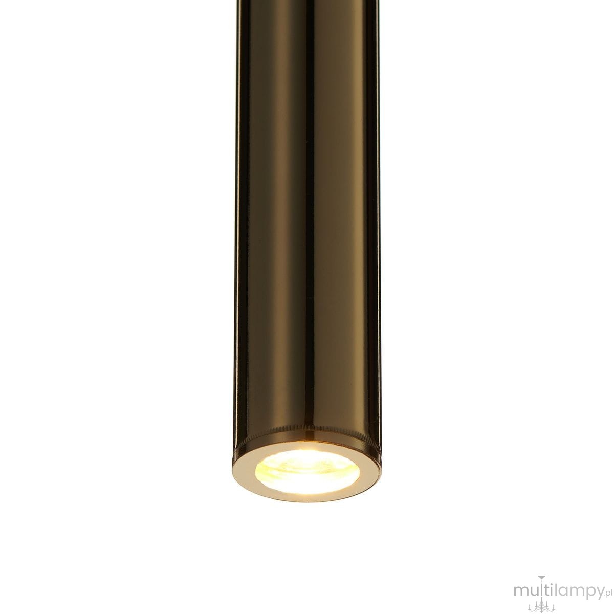 Złota lampa wisząca Slim z jedną diodą LED (4W) w cylindrycznym kształcie. Ujęcie z dołu, ukazujące świecący klosz. Powierzchnia lśniąca, metaliczna, z widocznym źródłem światła na dole. Idealna do nowoczesnych wnętrz.