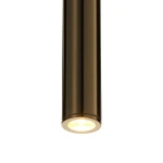 Złota lampa wisząca Slim z jedną diodą LED (4W) w cylindrycznym kształcie. Ujęcie z dołu, ukazujące świecący klosz. Powierzchnia lśniąca, metaliczna, z widocznym źródłem światła na dole. Idealna do nowoczesnych wnętrz.
