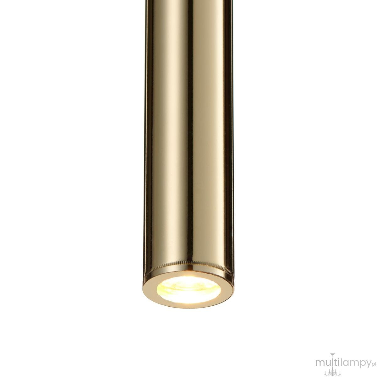 Slim lampa wisząca w kolorze złotym, wykonana z metalu, o cylindrycznym kształcie. Ujęcie z dołu, ukazujące detal źródła światła LED o mocy 4W. Prosta, elegancka forma, idealna do nowoczesnych wnętrz. Tło białe, co podkreśla połysk lampy.