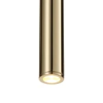 Slim lampa wisząca w kolorze złotym, wykonana z metalu, o cylindrycznym kształcie. Ujęcie z dołu, ukazujące detal źródła światła LED o mocy 4W. Prosta, elegancka forma, idealna do nowoczesnych wnętrz. Tło białe, co podkreśla połysk lampy.