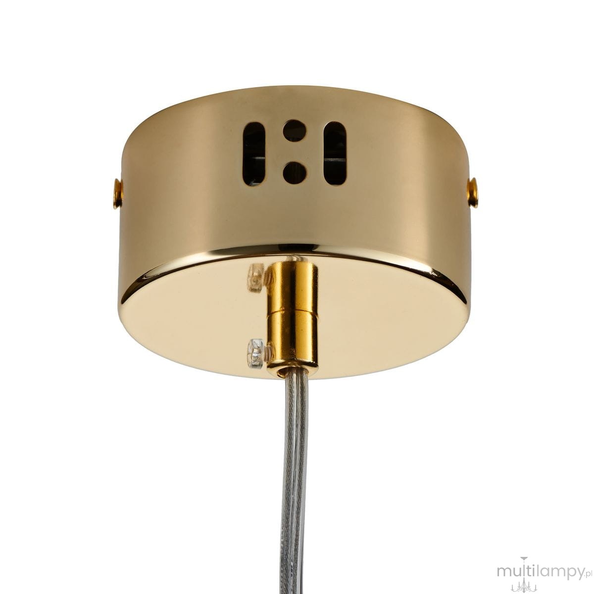 Złota lampa wisząca Slim z jedną diodą LED 4W, z okrągłym, gładkim kloszem. Widoczny metalowy uchwyt i przewód elektryczny. Ujęcie z dołu, ukazujące detal mocowania oraz otwory wentylacyjne na górnej części lampy.