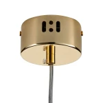 Złota lampa wisząca Slim z jedną diodą LED 4W, z okrągłym, gładkim kloszem. Widoczny metalowy uchwyt i przewód elektryczny. Ujęcie z dołu, ukazujące detal mocowania oraz otwory wentylacyjne na górnej części lampy.