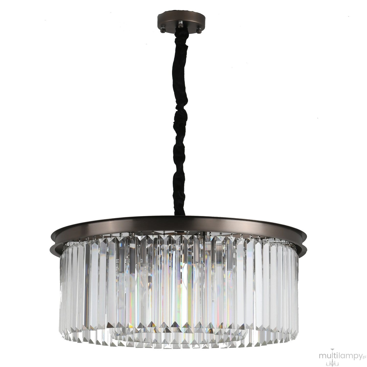 Lampa wisząca Sparkle w antracytowej oprawie, z ośmioma gniazdami E14. Okrągła, z przezroczystymi kryształkami w formie pionowych pasów, zawieszona na czarnym, plecionym kablu. Idealna do nowoczesnych wnętrz.