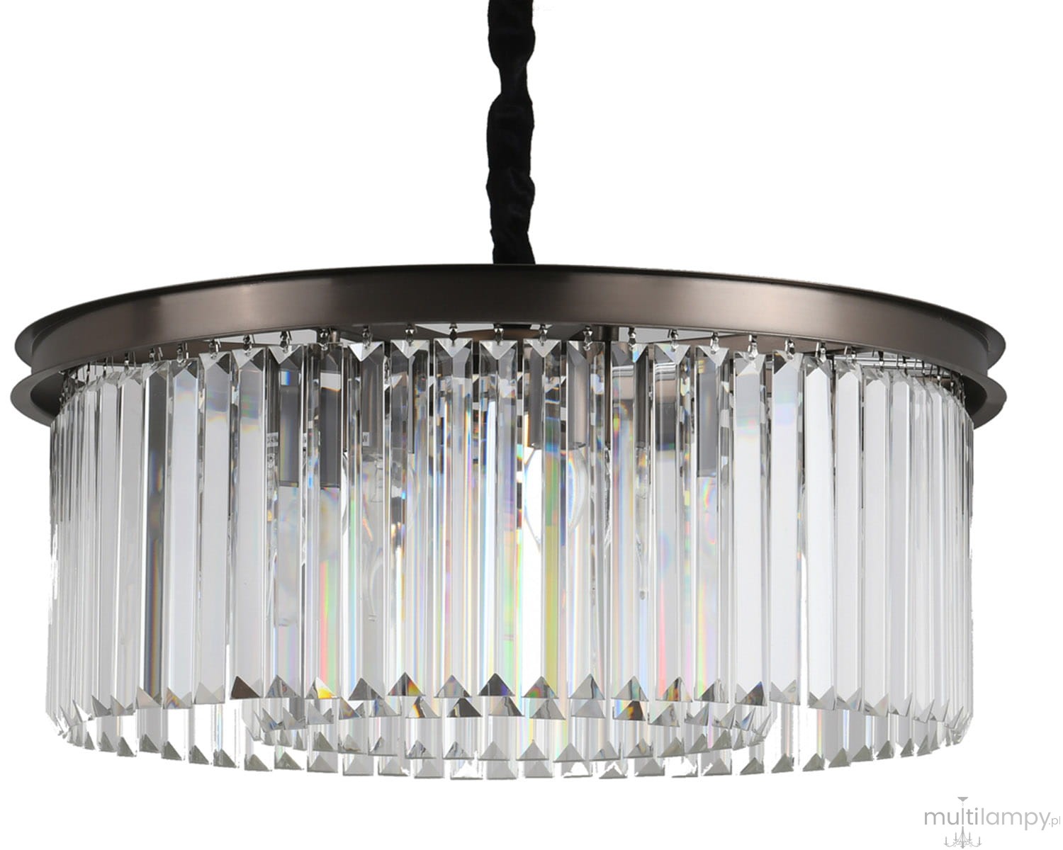 Lampa wisząca Sparkle w kolorze antracytowym, z 8 gniazdami na żarówki E14. Okrągła konstrukcja z przezroczystymi, szklanymi elementami w formie prostokątnych kryształków, zawieszona na czarnym przewodzie.