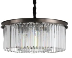 Lampa wisząca Sparkle w kolorze antracytowym, z 8 gniazdami na żarówki E14. Okrągła konstrukcja z przezroczystymi, szklanymi elementami w formie prostokątnych kryształków, zawieszona na czarnym przewodzie.