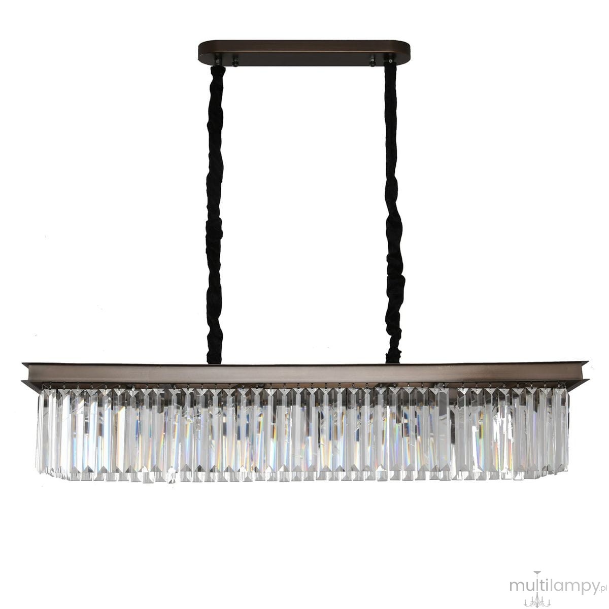 Lampa wisząca Sparkle 8xE14 w kolorze antracytowym, z metalowym stelażem i kryształowymi elementami w kształcie prostokątów. Zawieszona na czarnych linkach, idealna do nowoczesnych wnętrz.