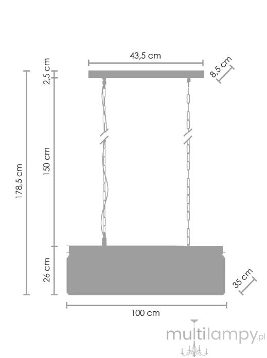 Lampa wisząca Sparkle w kolorze antracytowym z miejscem na 8 żarówek E14. Wymiary: szerokość 100 cm, wysokość 178,5 cm, głębokość 35 cm. Zawieszona na dwóch łańcuchach, z prostokątnym, płaskim kloszem. Idealna do nowoczesnych wnętrz.