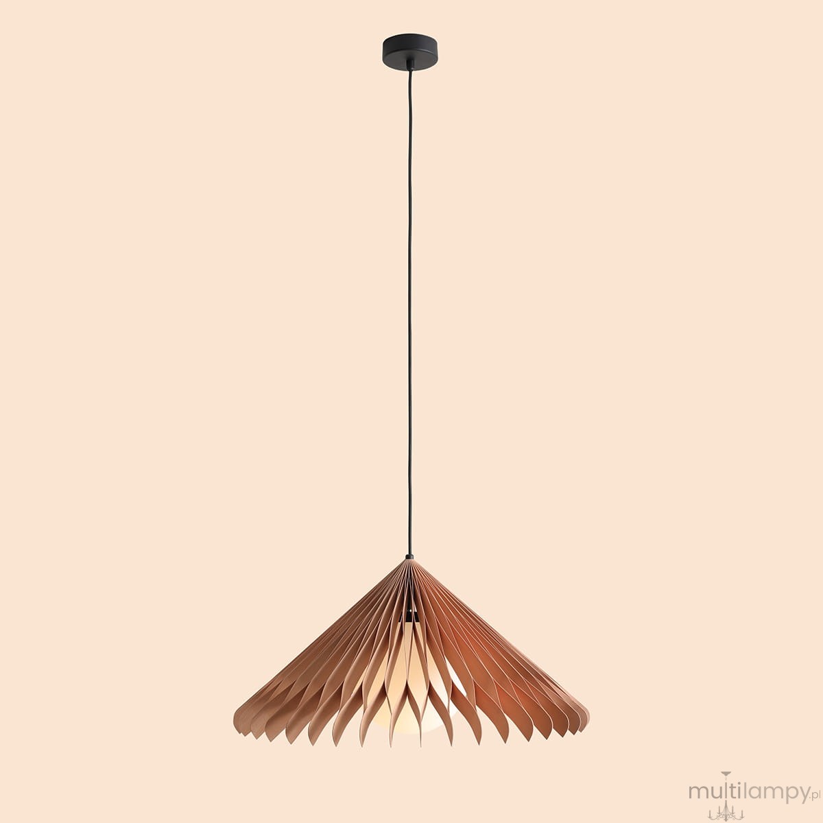 Lampa wisząca Nature Sun D58 z kloszem w kształcie stożka, wykonanym z cienkich, falowanych elementów w odcieniu miedzi, zawieszona na czarnym kablu. Źródło światła E27 umieszczone w centralnej części klosza. Tło w jasnym kolorze.