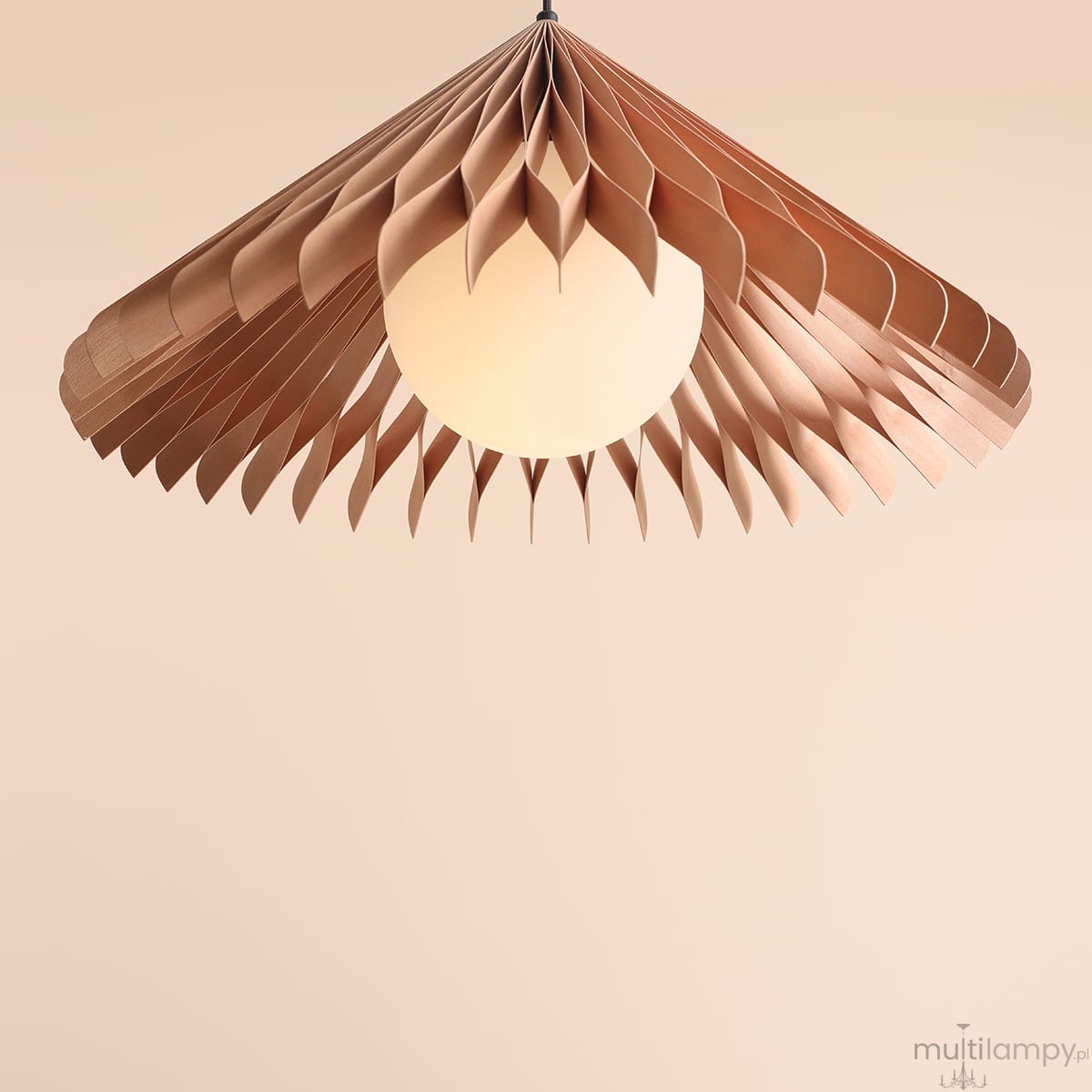 Lampa wisząca Nature Sun D58 z kloszem w kształcie rozłożonych liści w kolorze miedzianym, z okrągłą, białą żarówką E27. Zawieszona w centralnej części, na jednolitym, jasnym tle.