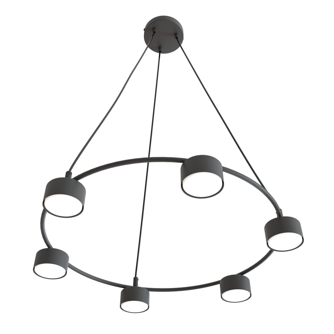 Czarna lampa wisząca Starlit z sześcioma oprawami GX53, okrągła konstrukcja, zawieszona na trzech linkach. Prosty design, idealna do nowoczesnych wnętrz. Widok z dołu, pokazujący równomierne rozmieszczenie źródeł światła.