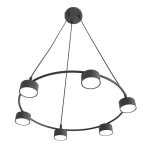 Czarna lampa wisząca Starlit z sześcioma oprawami GX53, okrągła konstrukcja, zawieszona na trzech linkach. Prosty design, idealna do nowoczesnych wnętrz. Widok z dołu, pokazujący równomierne rozmieszczenie źródeł światła.