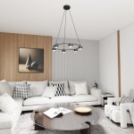 Lampa wisząca Starlit 6xGX53 w kolorze czarnym, z sześcioma okrągłymi źródłami światła, zawieszona na cienkich linkach. Umieszczona w nowoczesnym wnętrzu z jasnymi meblami, na tle drewnianej ściany i teksturowanych paneli.