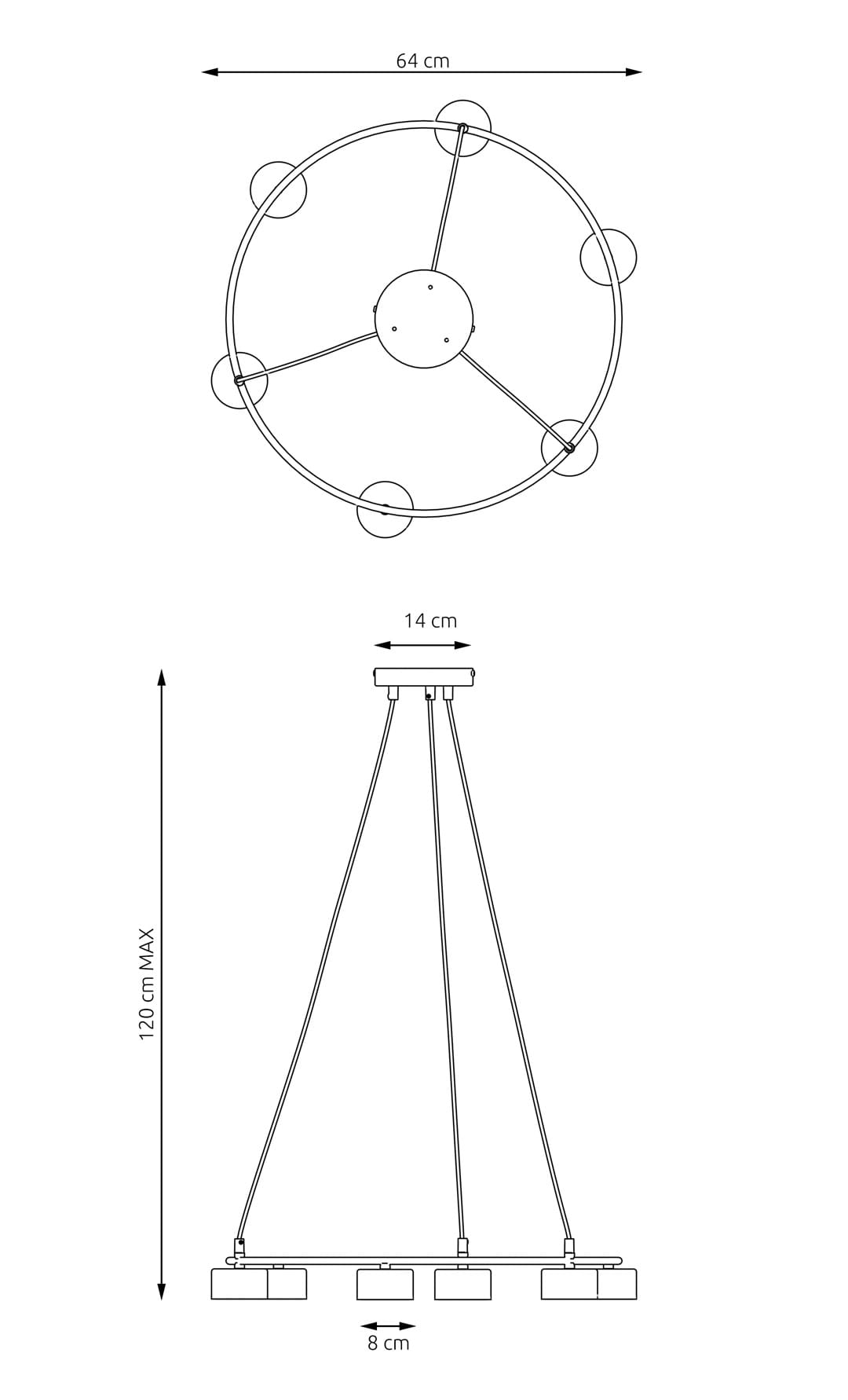 Lampa wisząca Starlit 6xGX53 w kolorze czarnym, o średnicy 64 cm i wysokości maksymalnej 120 cm. Posiada okrągły kształt z sześcioma miejscami na żarówki, zawieszona na cienkich linkach. Prosta konstrukcja, idealna do nowoczesnych wnętrz.