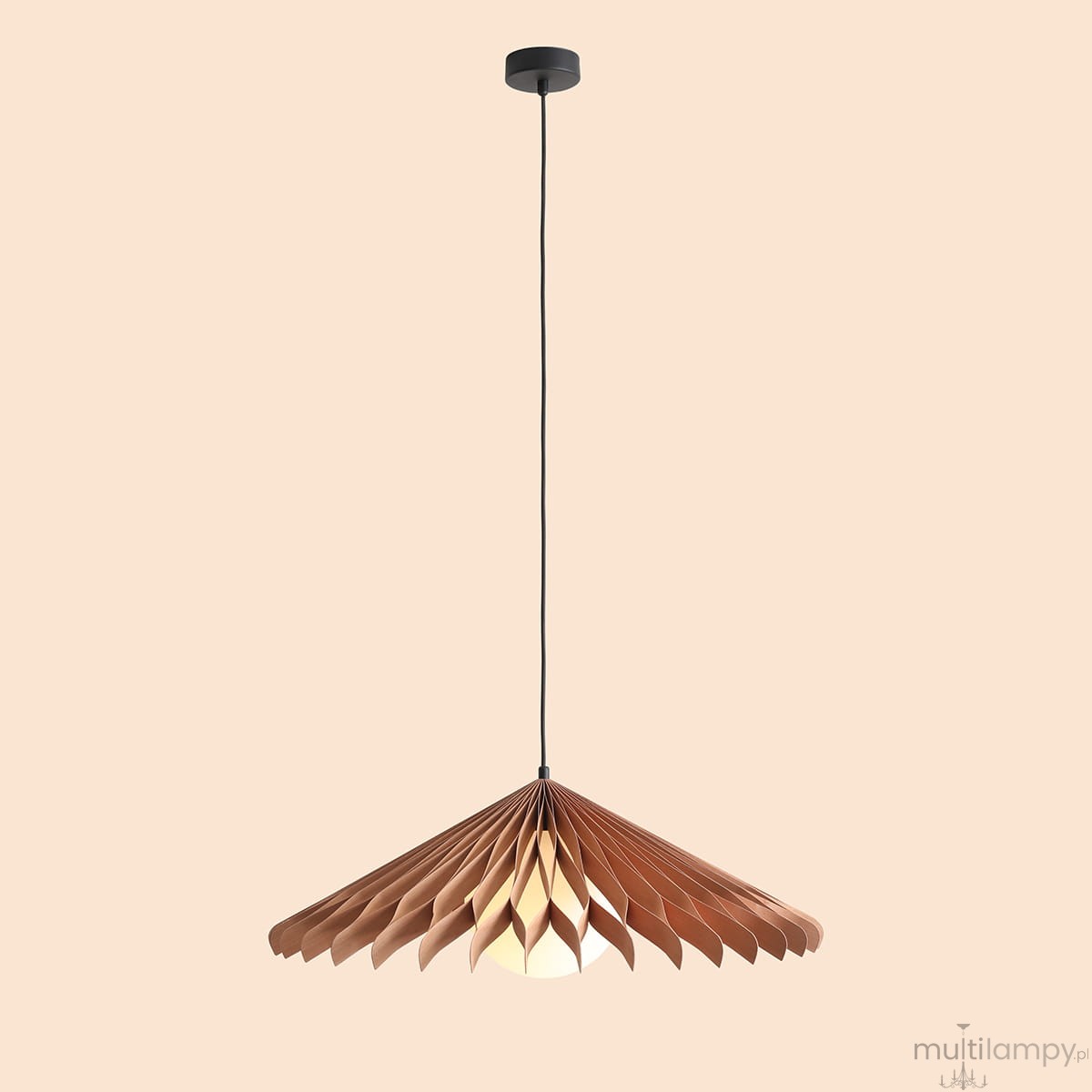 Lampa wisząca Nature Sun D69 z kloszem w kształcie rozłożonych liści w odcieniach miedzi, zawieszona na czarnym przewodzie. Źródło światła E27. Tło w jasnym kolorze, podkreślające elegancję designu.