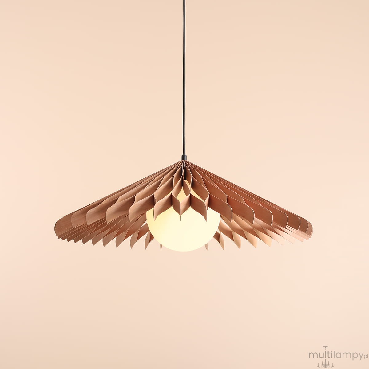 Lampa wisząca Nature Sun D69 z kloszem w kształcie wachlarza, wykonana z jasnego drewna, z okrągłym źródłem światła E27. Zawieszona na czarnym kablu, w tle jasny, jednolity kolor.