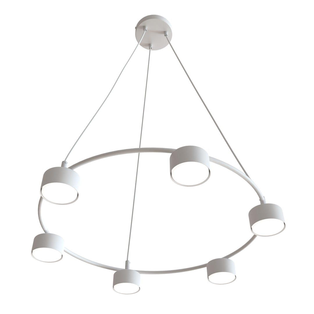 Biała lampa wisząca Starlit z sześcioma oprawami GX53, w kształcie okręgu. Zawieszona na cienkich linkach, z minimalistycznym designem i matową powierzchnią, idealna do nowoczesnych wnętrz.
