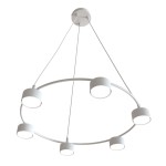 Biała lampa wisząca Starlit z sześcioma oprawami GX53, w kształcie okręgu. Zawieszona na cienkich linkach, z minimalistycznym designem i matową powierzchnią, idealna do nowoczesnych wnętrz.