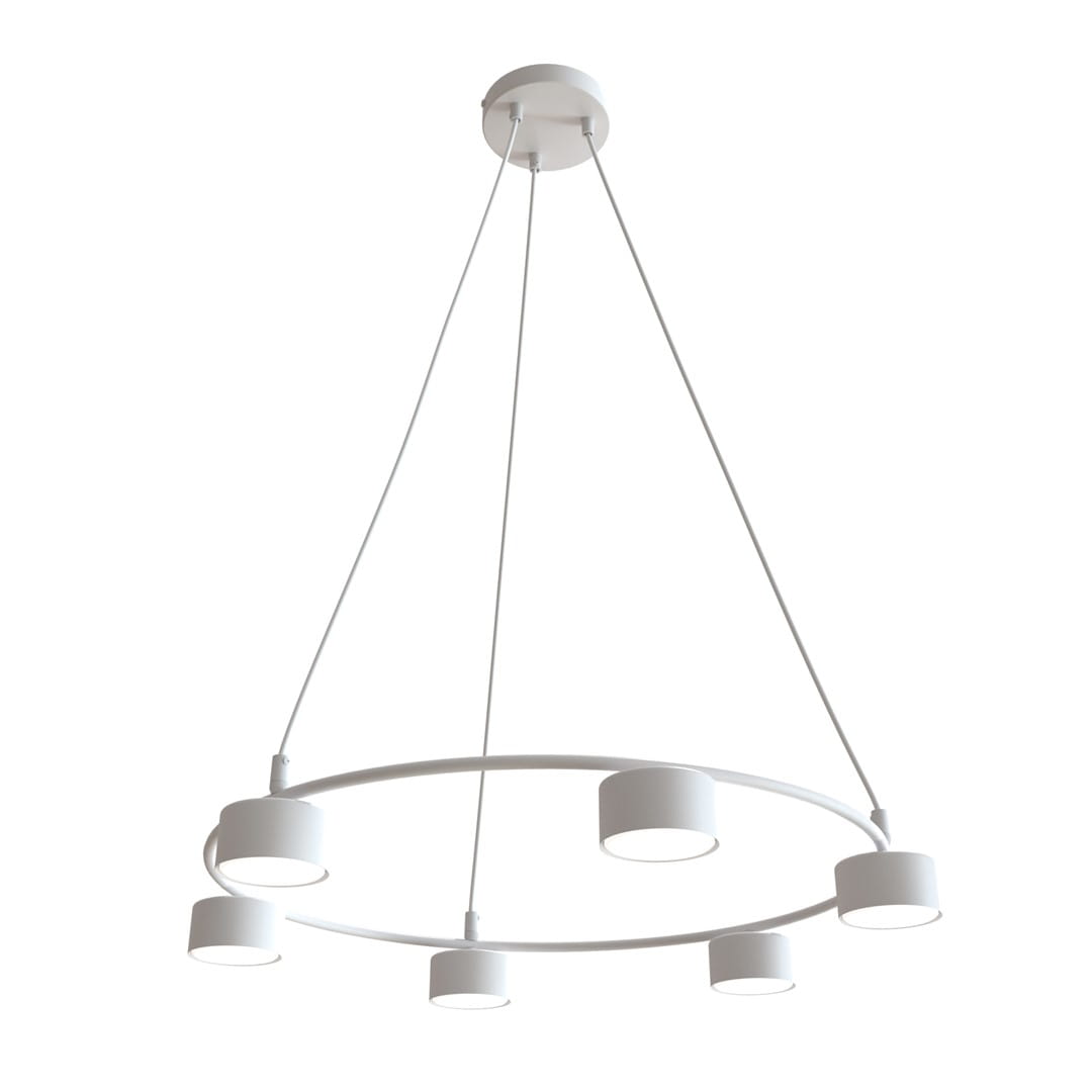 Lampa wisząca Starlit z białego metalu, posiadająca sześć gniazd GX53. Okrągła konstrukcja z wiszącymi elementami, zawieszona na cienkich linkach. Prosty design, na białym tle, idealna do nowoczesnych wnętrz.