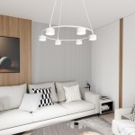 Lampa wisząca Starlit 6xGX53 w kolorze białym, o okrągłym kształcie z sześcioma źródłami światła, zawieszona nad jasną sofą w nowoczesnym wnętrzu. W tle drewniana ściana i elementy dekoracyjne.
