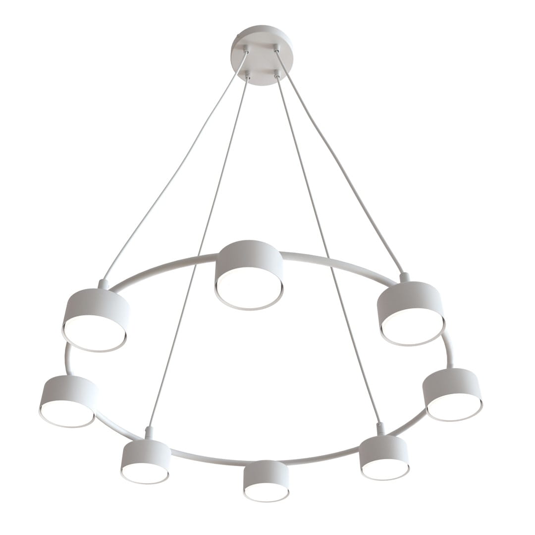 Lampa wisząca Starlit w kolorze białym, z ośmioma oprawami GX53, zawieszona na cienkich linkach. Produkt ma okrągły kształt, z równomiernie rozmieszczonymi źródłami światła, idealny do nowoczesnych wnętrz.