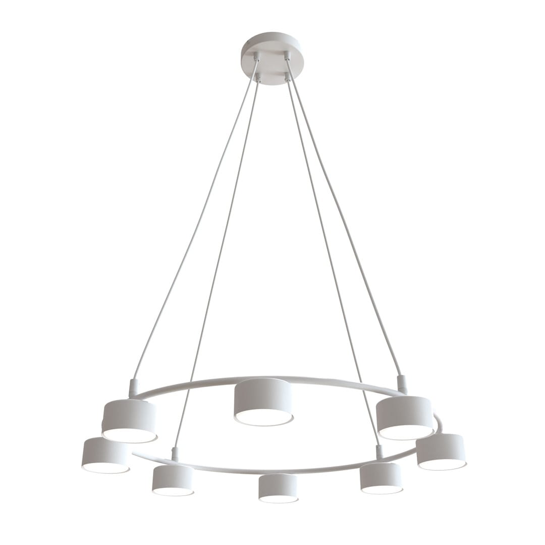Lampa wisząca Starlit w kolorze białym, z ośmioma miejscami na żarówki GX53. Ma okrągły kształt z prostymi, metalowymi zawieszeniami, zawieszona na długich linkach. Ujęcie z dołu, na jednolitym tle.