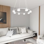 Lampa wisząca Starlit 8xGX53 w kolorze białym, o okrągłym kształcie, zawieszona na trzech linkach. Wnętrze aranżacji z jasną kanapą i poduszkami w geometryczne wzory, na tle drewnianej ściany i minimalistycznych dodatków.