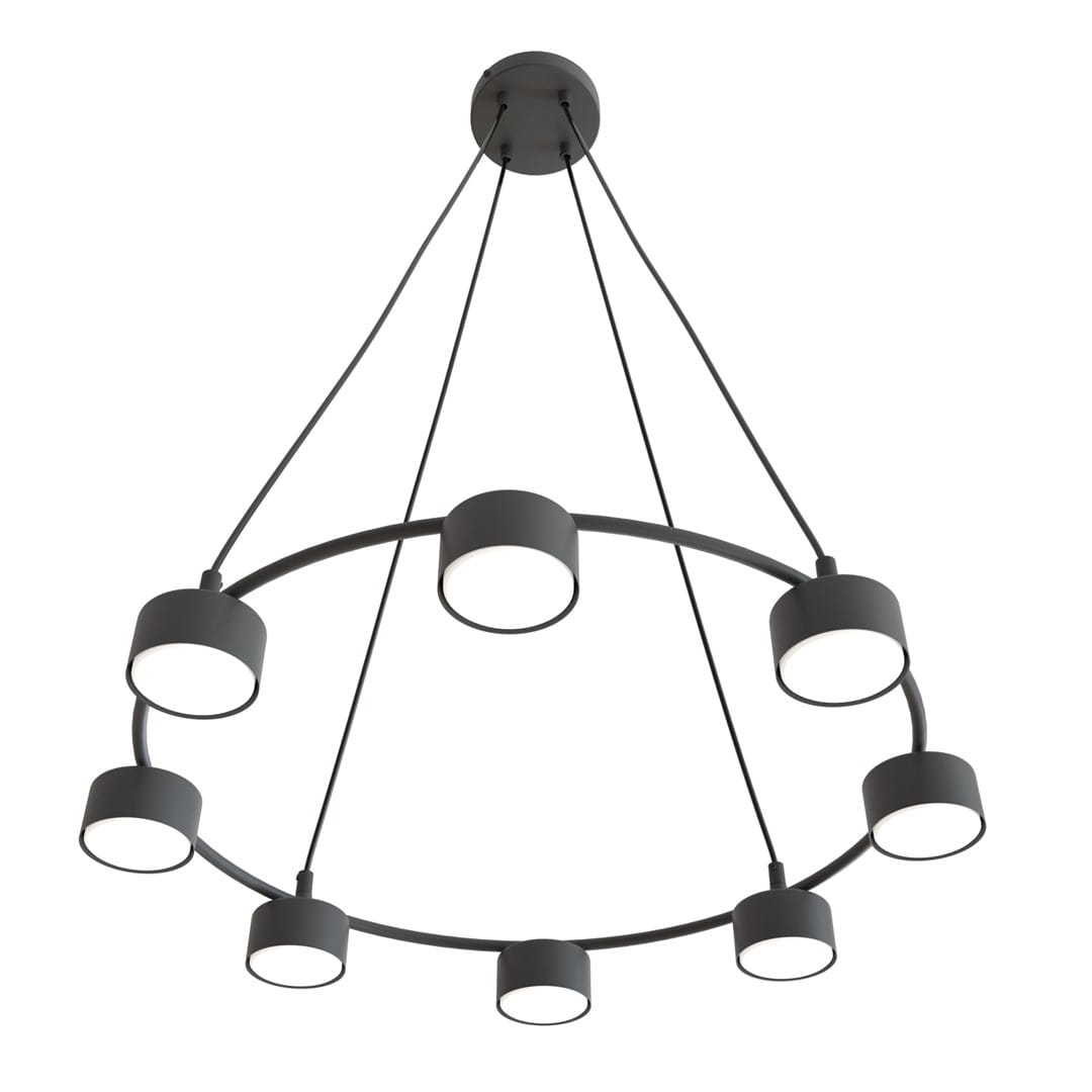 Czarna lampa wisząca Starlit z ośmioma oprawami na żarówki GX53, o okrągłym kształcie, zawieszona na trzech cienkich linkach. Lampa ma minimalistyczny design, z matowym wykończeniem i białymi kloszami.