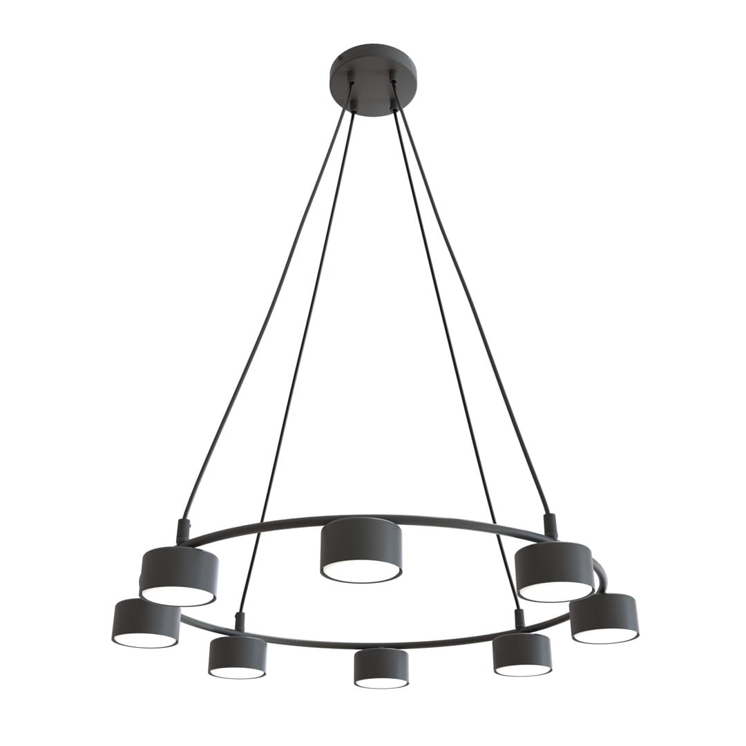 Czarna lampa wisząca Starlit z ośmioma oprawami GX53, zawieszona na trzech długich linkach. Produkt ma okrągły kształt z cylindrycznymi kloszami, montowany na suficie, na jednolitym tle.
