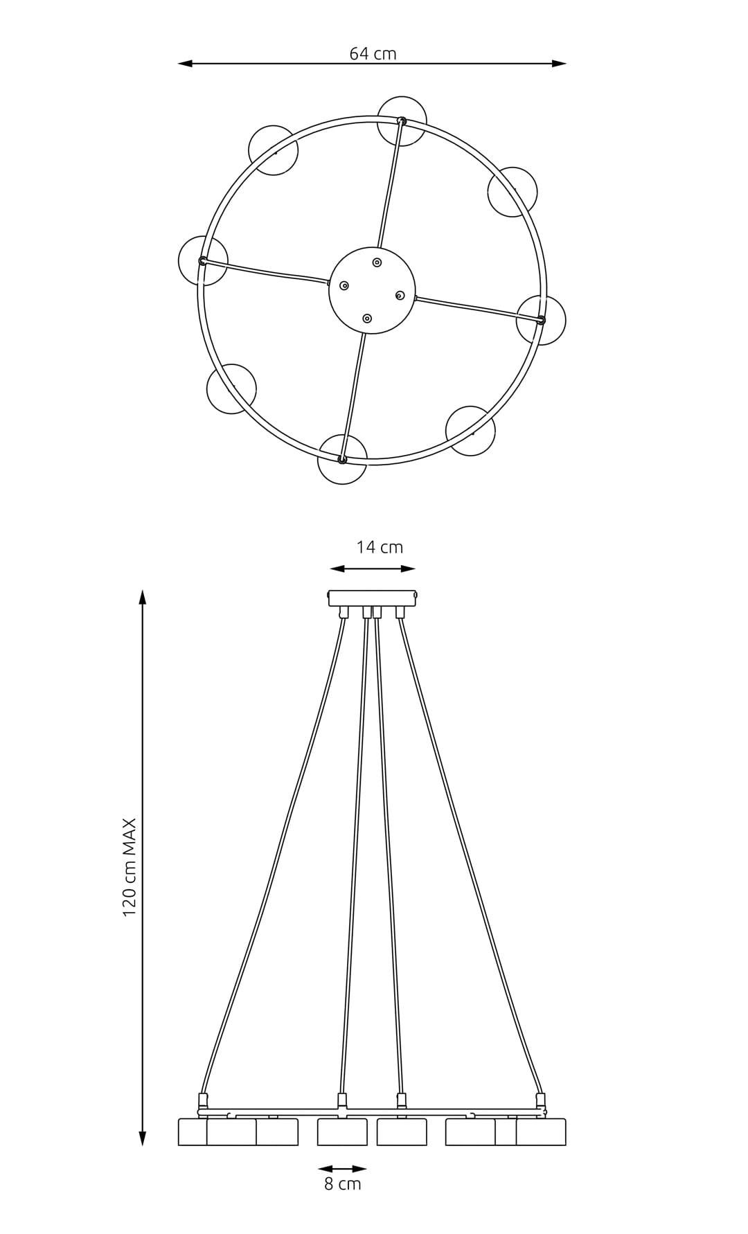Lampa wisząca Starlit w kolorze czarnym, z ośmioma miejscami na żarówki GX53. Okrągły, minimalistyczny design o średnicy 64 cm i wysokości do 120 cm. Cztery przewody mocujące oraz prostokątna podsufitka o wymiarach 14 cm x 8 cm.