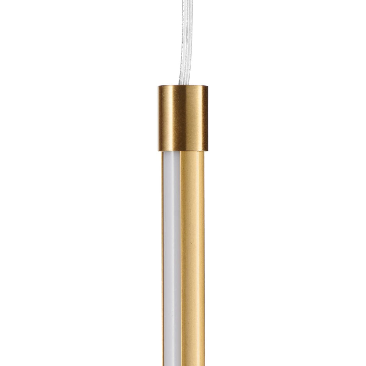 Lampa wisząca Sparo H100 w złotym kolorze, z cylindrycznym kształtem, wykonana z metalu. Posiada białą diodę LED o mocy 20W. Ujęcie z boku, ukazujące detale mocowania i źródła światła.