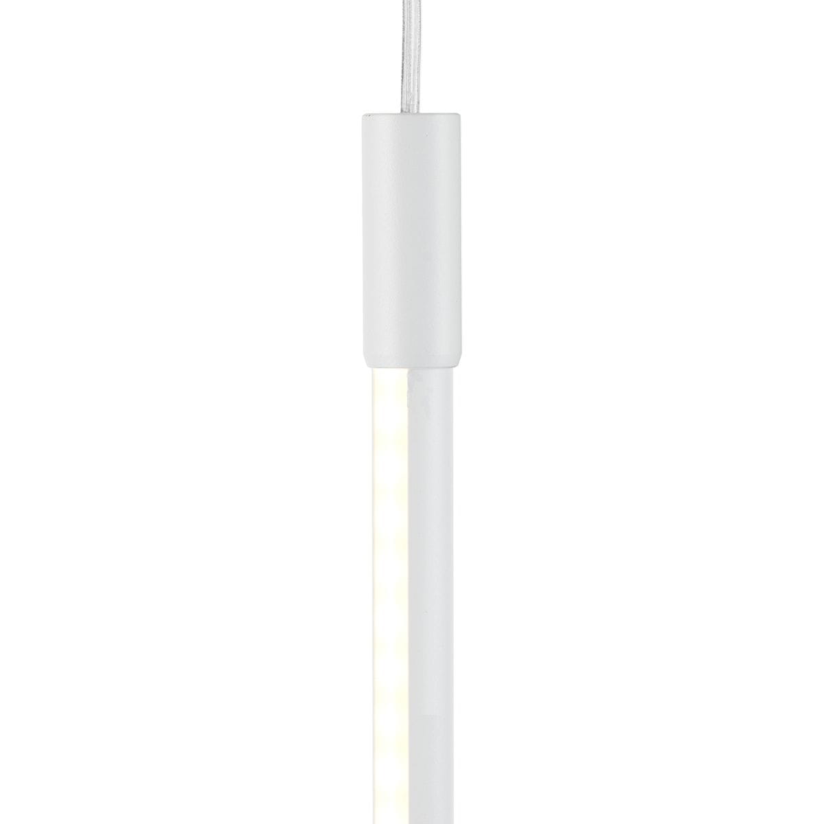 Lampa wisząca Sparo H80, biała, z jednym źródłem światła LED o mocy 9W. Widok z boku na smukły korpus oraz górny element mocujący. Prosty design, idealna do nowoczesnych wnętrz.