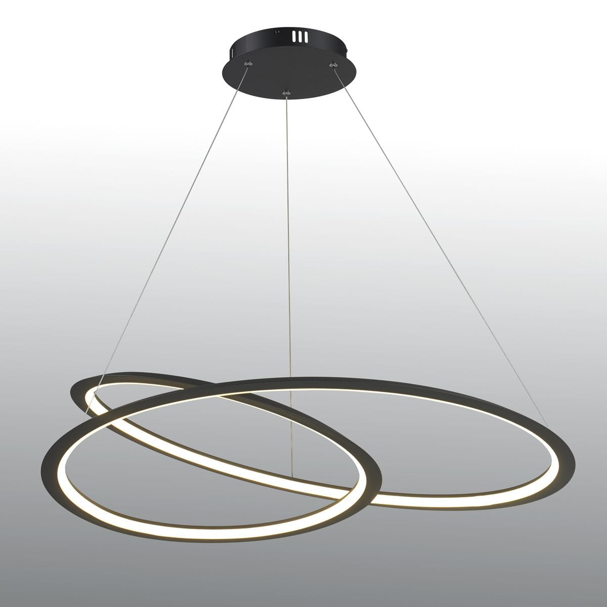 Lampa wisząca Spirello w kolorze czarnym, z dwiema owalnymi obręczami, zintegrowane oświetlenie LED o mocy 40W. Zawieszona na cienkich linkach, montowana do sufitu. Prosty, nowoczesny design, idealna do nowoczesnych wnętrz.