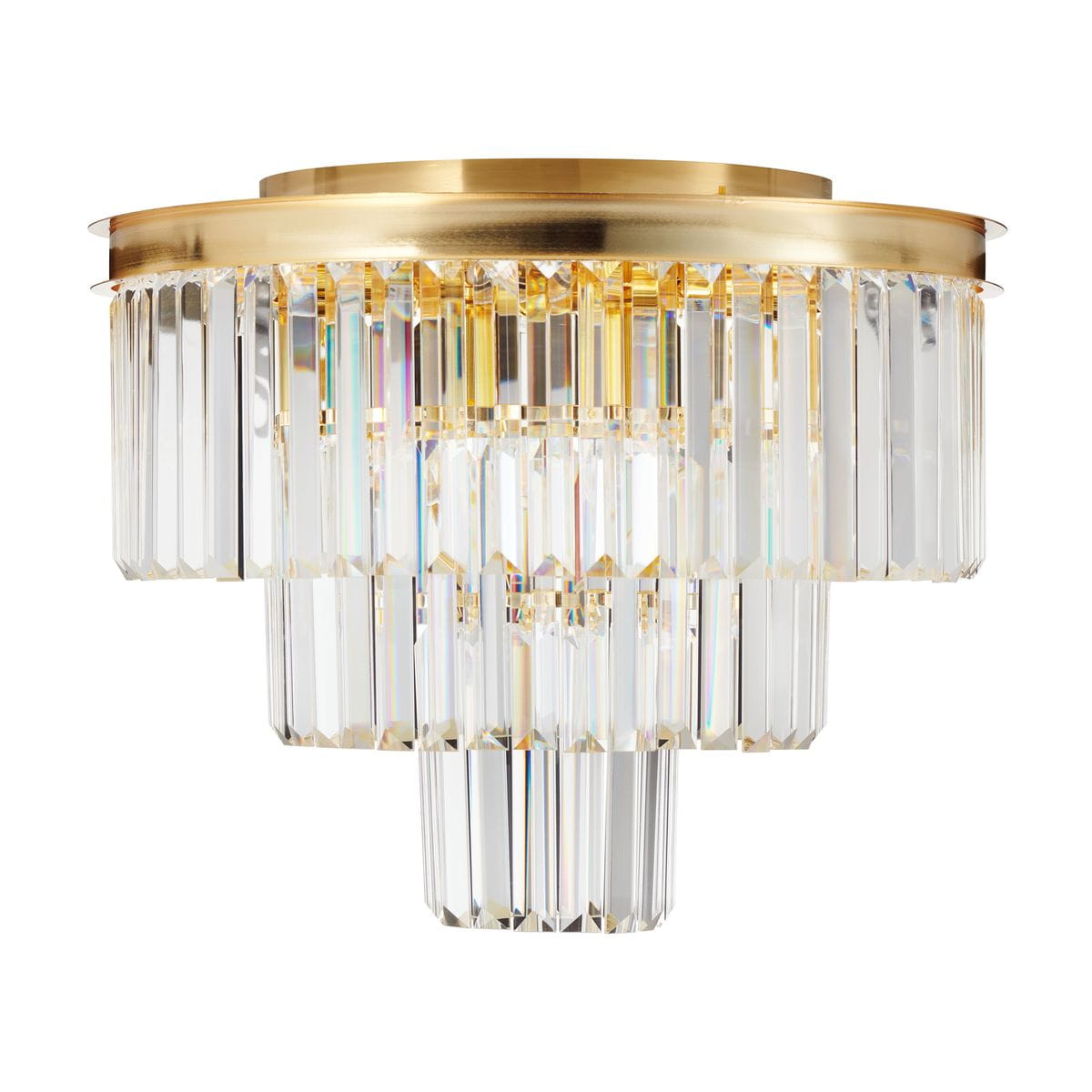 Lampa sufitowa Splendore D50 z ośmioma gniazdami E14, wykonana z przezroczystego szkła z geometrycznymi, szlifowanymi detalami oraz złotą metalową podstawą. Ujęcie z boku, ukazujące elegancki kształt i wykończenie.