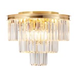 Lampa sufitowa Splendore D50 w kolorze złotym, z ośmioma gniazdami E14. Posiada szklane, prostokątne elementy w formie kryształków, które tworzą elegancką, wielowarstwową strukturę. Ujęcie frontalne, lampa zamontowana na suficie.