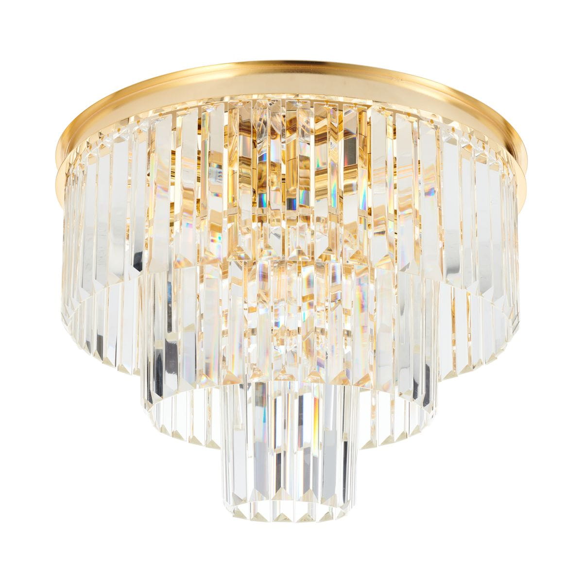Złota lampa sufitowa Splendore D50 z ośmioma gniazdami E14. Posiada przezroczyste, kryształowe elementy w formie pionowych prętów, tworzących elegancki efekt świetlny. Ujęcie frontalne, wisząca konstrukcja, nowoczesny design.