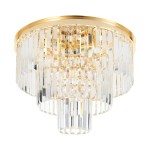Złota lampa sufitowa Splendore D50 z ośmioma gniazdami E14. Posiada przezroczyste, kryształowe elementy w formie pionowych prętów, tworzących elegancki efekt świetlny. Ujęcie frontalne, wisząca konstrukcja, nowoczesny design.